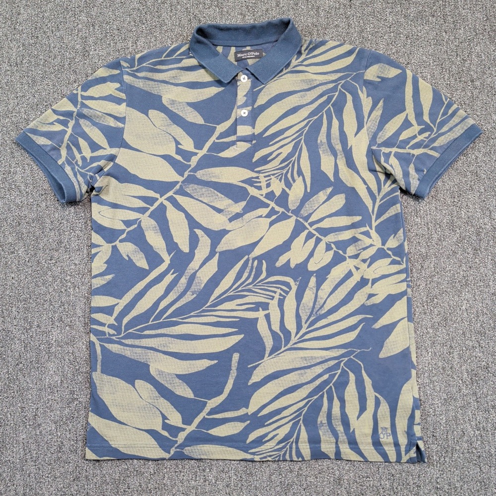 Marc O'Polo Tropical Leaf Polo Shirt M Blue Organic Cotton Coastal Resortwear